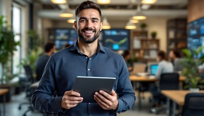 Smiling Businessman Holding Tablet in Modern Office with Team Meeting