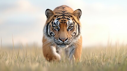 Majestic tiger prowling through tall grass under a soft morning light, showcasing its power