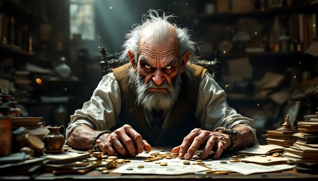 Grumpy Old Man Counting Coins at Desk in Dark Mysterious Room
