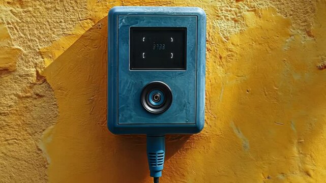Vintage intercom mounted on a textured yellow wall with shadows