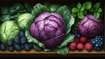 Vibrant display of fresh cabbages and berries on a wooden shelf in a market setting