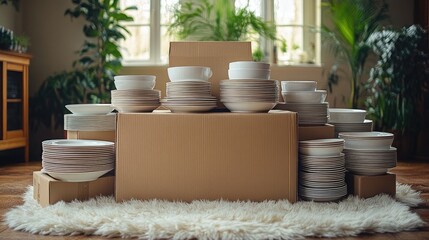 Stacked white ceramic dishes and bowls in a cozy room surrounded by greenery and boxes
