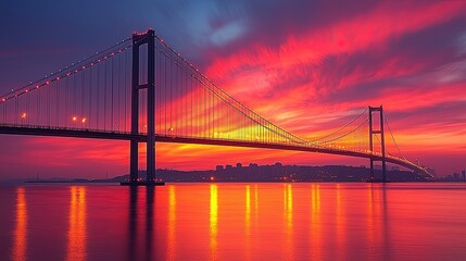 Stunning sunset view of a bridge reflecting in calm waters with vibrant colors and distant city skyline