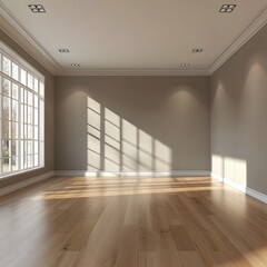 Obraz premium Empty Room Interior with Hardwood Floor and Sunlight Streaming Through Large Window Design
