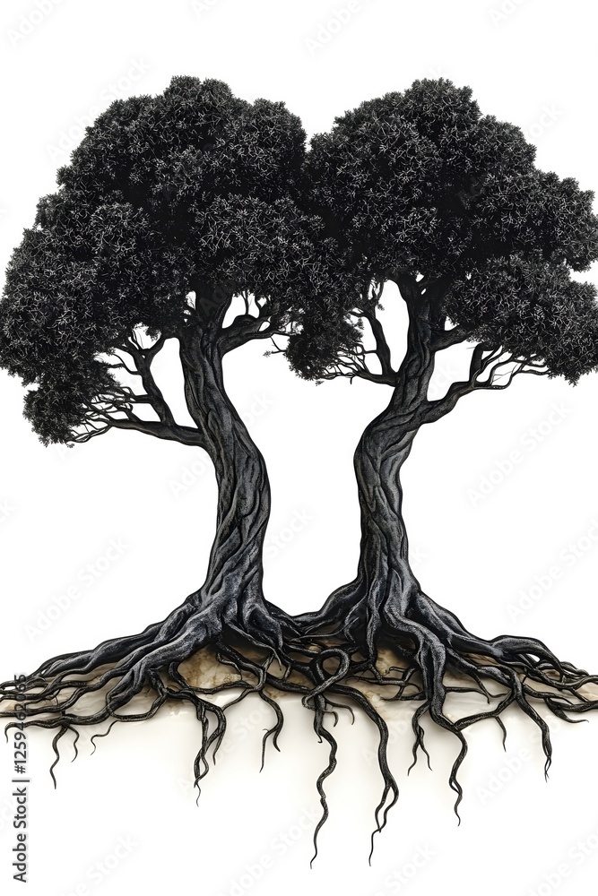 Poster two trees intertwined roots and branches symbolic connection strength and resilience art