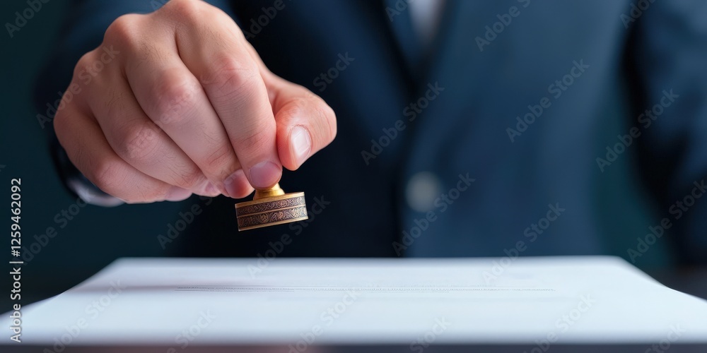 Poster law restriction policy resources concept. man placing a seal on a document with a formal suit on.
