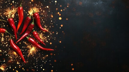 Red chili peppers with sparkling lights on dark background.
