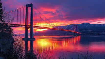 Majestic sunset over a bridge reflecting on calm waters with mountains in the background