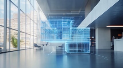 Holographic building model in modern office.
