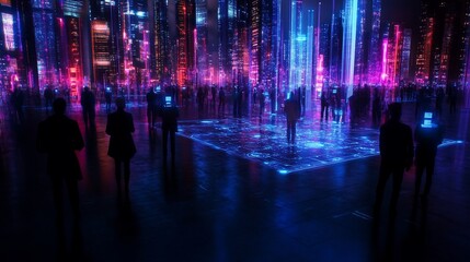 Futuristic city plaza, digital crowd, neon lights, tech meeting