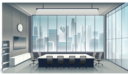 Office meeting room interior in high-rise building with big window overlooking big city © kabutlazuardi