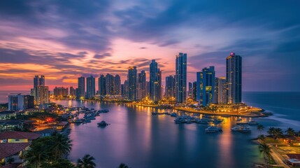 Obraz premium City skyline at dusk with vibrant lights and ocean view