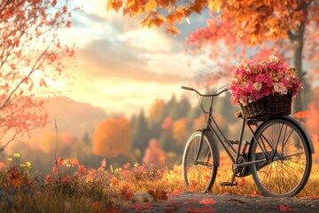 Naklejka premium Autumnal Serenity: A Bicycle Adorned with Flowers at Sunset