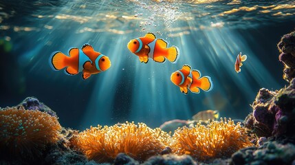 Colorful clownfish swimming among vibrant coral reefs with sunlight filtering through water