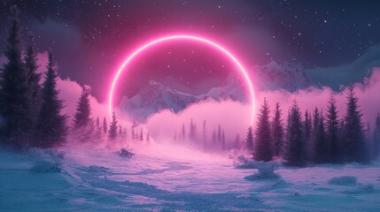Pink neon ring winter mountainscape, snowy forest, starry night, digital art