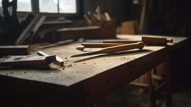 Scene of a woodworking setup in a workshop. Featuring tools like chisels and saws. Highlighting the craftsmanship of woodworking. Ideal for DIY and hobbyist guides.
