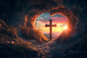 heart-shaped cave with the cross outside, symbolizing Jesus Christ love and presence during Easter  © Snowstudio