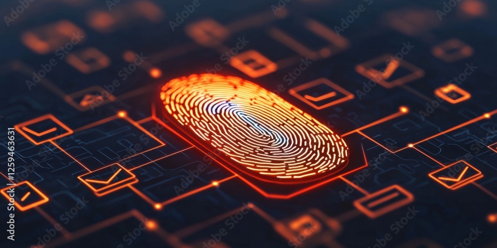 Poster law restriction policy resources concept. digital fingerprint on a tech-inspired background with glo