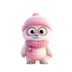 Obraz premium Cute Fluffy White Bear Character In Pink Knitted Hat And Scarf