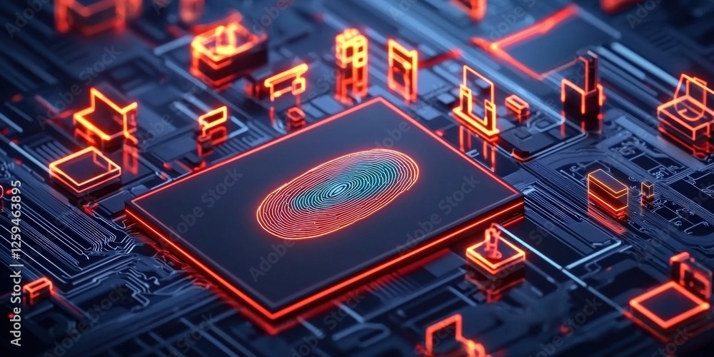 Poster law restriction policy resources concept. futuristic microchip on a digital circuit board with glowi