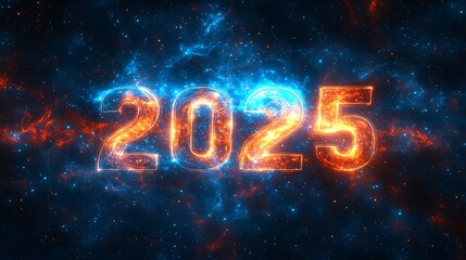 A radiant "2025" carved from stardust, surrounded by swirling blue and orange nebulae, twinkling stars, and distant galactic clusters, glowing softly in the void of space, photorealistic, hd quality,