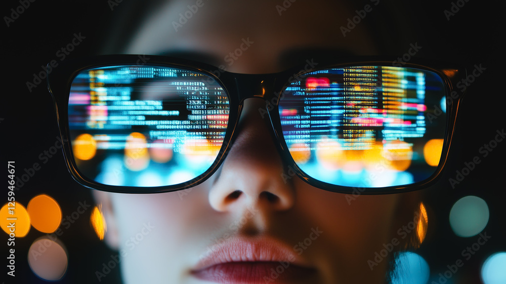 Poster code in reflection: a woman's glasses reflect lines of code, symbolizing the power of technology and