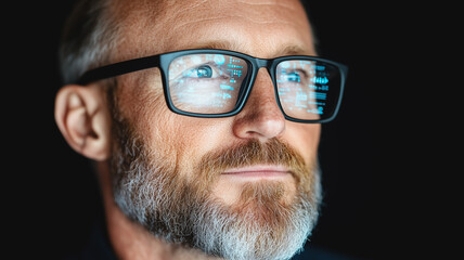 The Digital Visionary: A close-up portrait of a mature man with a beard, wearing glasses reflecting lines of code, gazing thoughtfully into the distance.  The image evokes a sense of innovation.