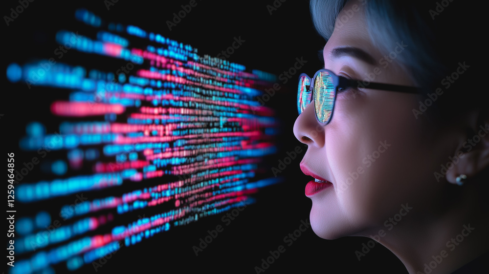 Poster code gazer: a woman, glasses reflecting the vibrant glow of lines of code, intently studies a digita