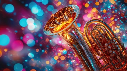 Close-up of a shiny brass instrument with colorful bokeh background, creating a vibrant atmosphere