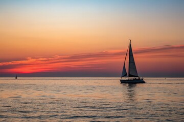 Minimalist Goodbye: Sun Setting on a Lone Sailboat, Ocean Serenity