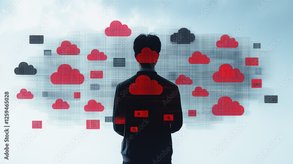 Poster cloud computing security: a silhouette of a person stands before a digital backdrop of red and black