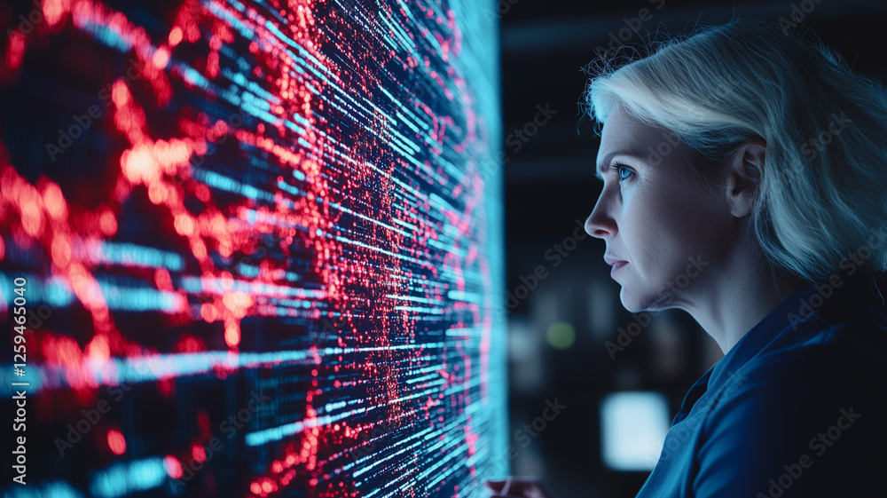Poster data analyst contemplation: a woman gazes intently at a large screen displaying a dynamic, abstract 