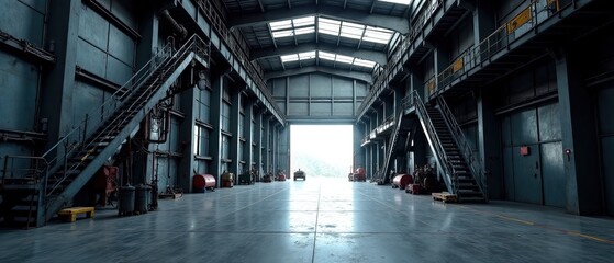Fototapeta premium Spacious Industrial Workshop Asturias - Metal Staircase