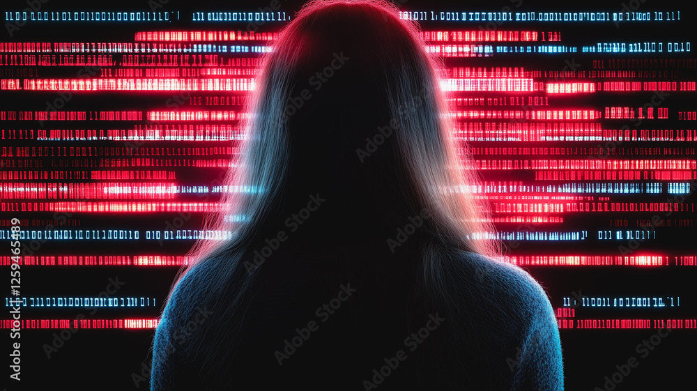 Poster cyber enigma: a mysterious woman stands silhouetted against a vibrant backdrop of scrolling binary c