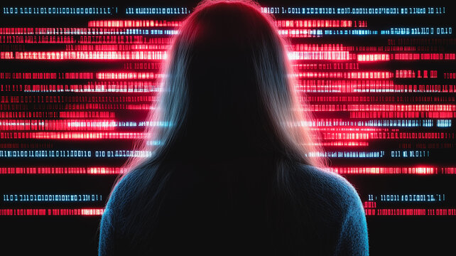 Cyber Enigma: A mysterious woman stands silhouetted against a vibrant backdrop of scrolling binary code, creating a captivating visual metaphor for the digital age and cybersecurity.