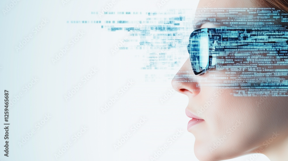 Poster woman in digital world: a woman's profile is partially obscured by a dynamic stream of binary code e