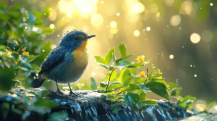 A vibrant bird perched on a mossy log amidst sparkling droplets and lush greenery