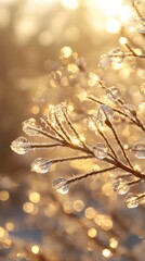 Fototapeta premium Winter Branch Adorned with Ice Crystals Sparkling in Golden Light Festive Season