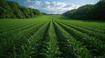 Lush Green Cornfield Under a Bright Sky with Rolling Hills and Trees in the Background