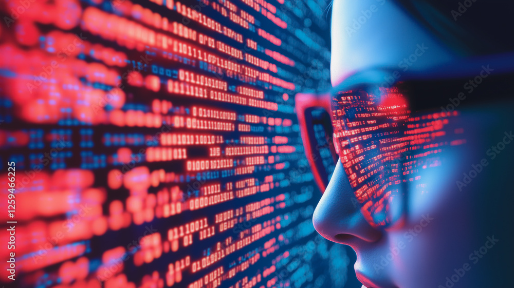 Poster code is poetry: a programmer gazes intently at a screen filled with lines of colorful code. the refl