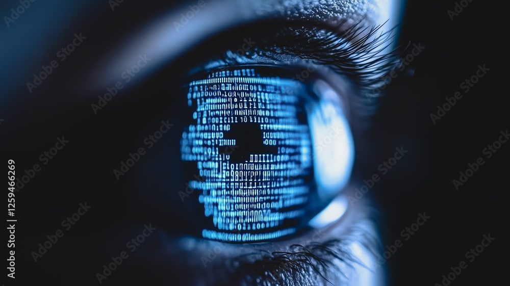 Poster digital eye: close-up of a human eye with binary code reflecting in the iris, creating a surreal and
