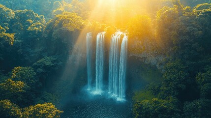 Majestic waterfall cascading through lush green forest with sunlight filtering through trees