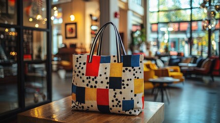 Stylish tote bag with colorful patterns displayed on a wooden table in a chic caf? interior