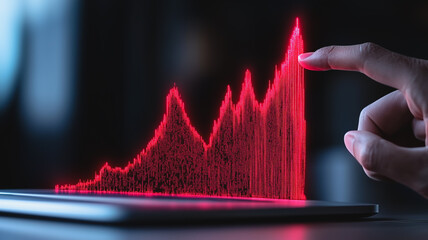 Finger Tracing Success:  A hand gently traces the upward trajectory of a vibrant red line graph, symbolizing growth, progress, and achievement in the digital landscape.  