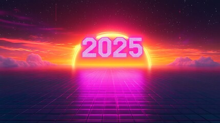 A vibrant, glowing "2025" in a retro font, floating above a colorful, neon-lit grid with a horizon that fades into a bright purple and orange sunset,