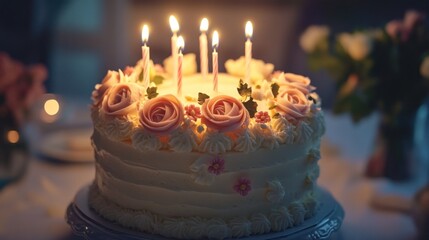Elegant Birthday Cake Adorned with Buttercream Roses and Glowing Candles