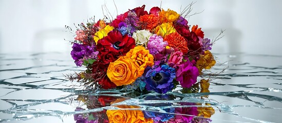 red roses in heart shaped and bouque show love for valentines day on glass broken surface