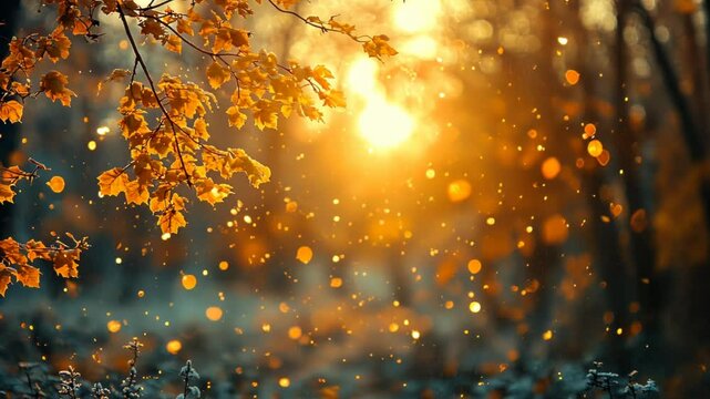 Autumn sunset casting golden light through falling leaves in forest