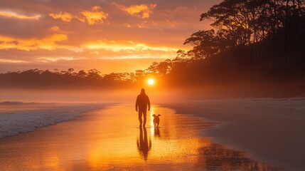 Silhouetted person walking a dog along a serene beach at sunset with misty background