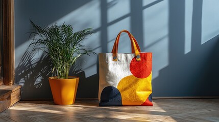 Colorful tote bag next to a potted plant in a sunlit room with shadows on the wall